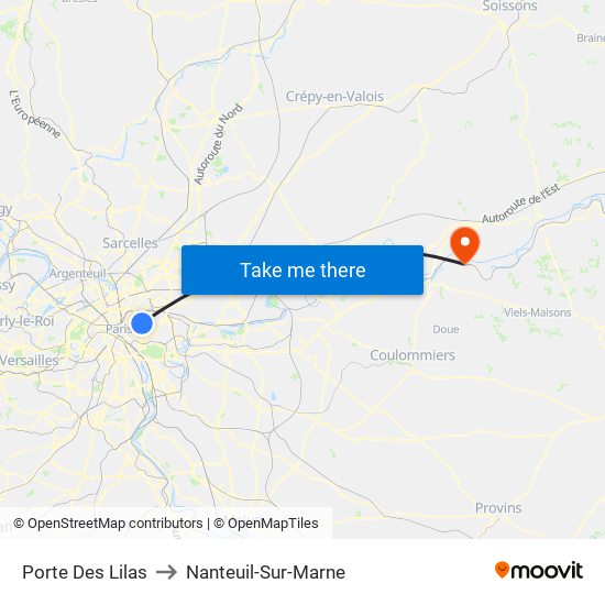 Porte Des Lilas to Nanteuil-Sur-Marne map