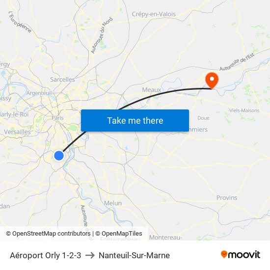 Aéroport Orly 1-2-3 to Nanteuil-Sur-Marne map