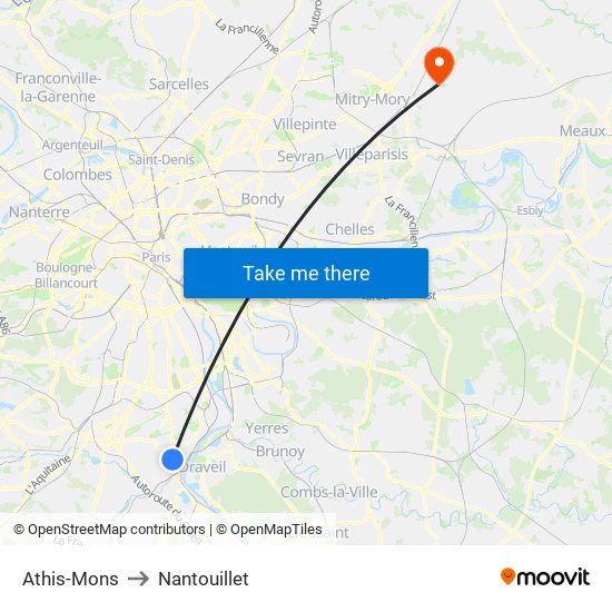 Athis-Mons to Nantouillet map