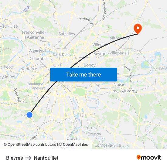 Bievres to Nantouillet map