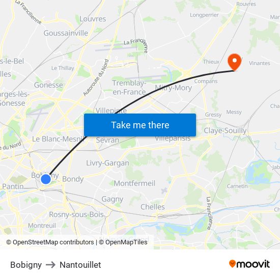 Bobigny to Nantouillet map