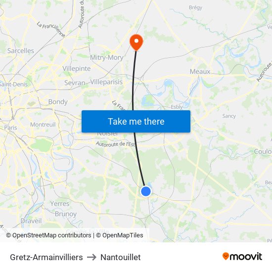 Gretz-Armainvilliers to Nantouillet map