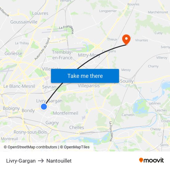 Livry-Gargan to Nantouillet map