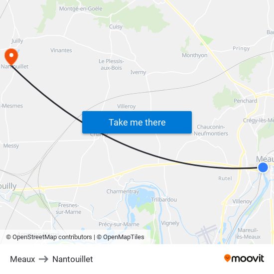 Meaux to Nantouillet map