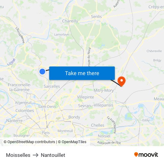 Moisselles to Nantouillet map