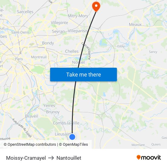 Moissy-Cramayel to Nantouillet map