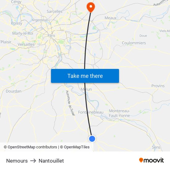 Nemours to Nantouillet map