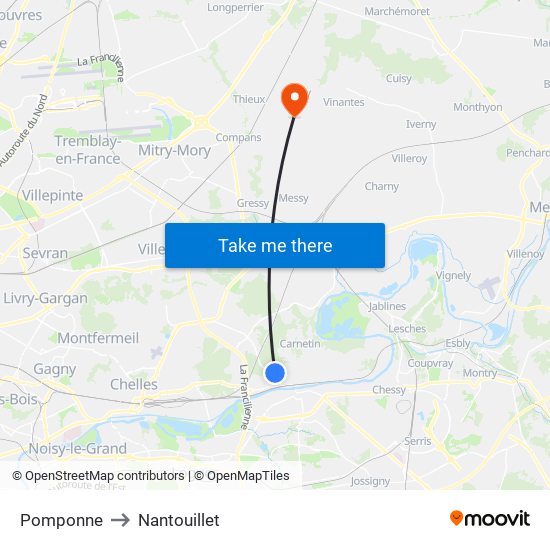Pomponne to Nantouillet map