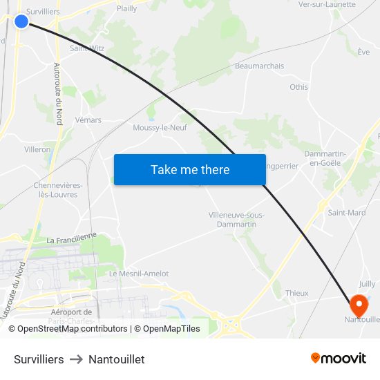 Survilliers to Nantouillet map