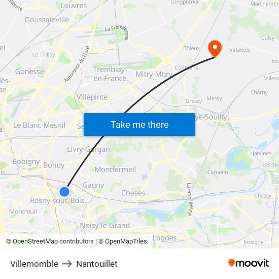 Villemomble to Nantouillet map