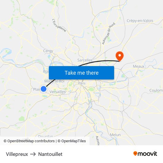 Villepreux to Nantouillet map