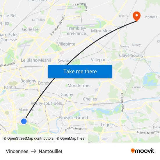 Vincennes to Nantouillet map