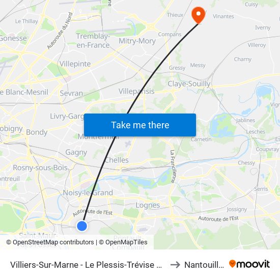 Villiers-Sur-Marne - Le Plessis-Trévise RER to Nantouillet map
