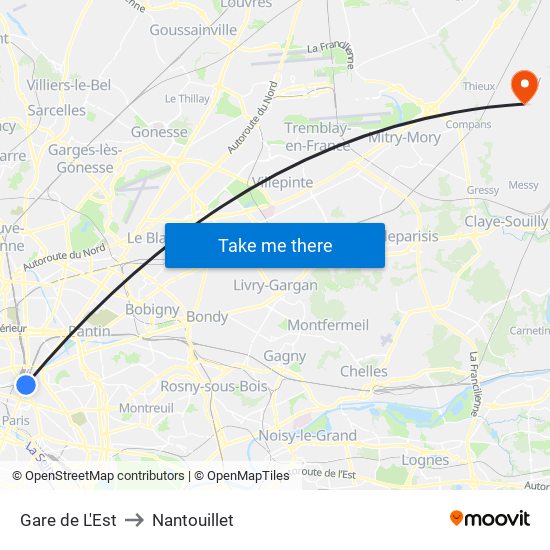 Gare de L'Est to Nantouillet map