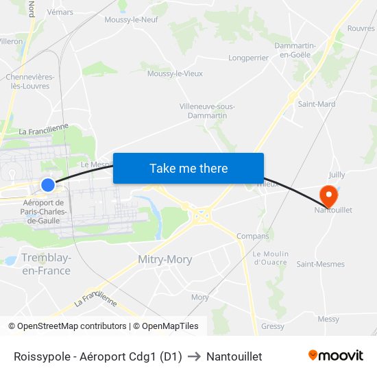 Roissypole - Aéroport Cdg1 (D1) to Nantouillet map