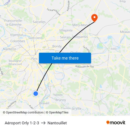 Aéroport Orly 1-2-3 to Nantouillet map