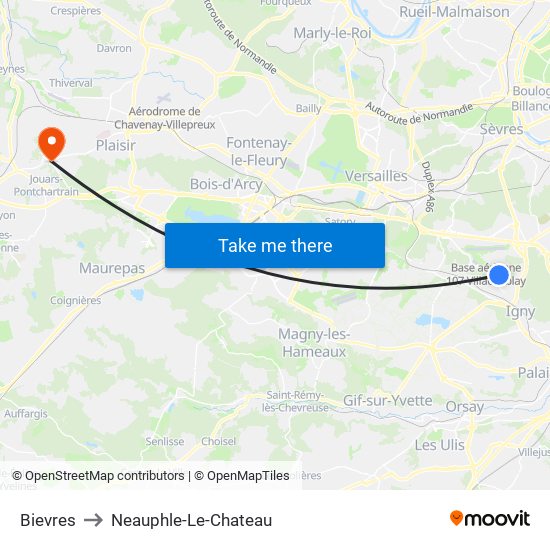 Bievres to Neauphle-Le-Chateau map