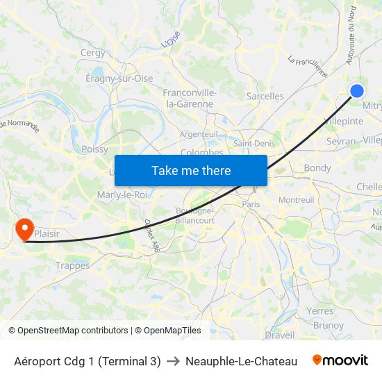 Aéroport Cdg 1 (Terminal 3) to Neauphle-Le-Chateau map