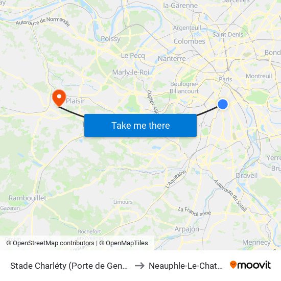 Stade Charléty (Porte de Gentilly) to Neauphle-Le-Chateau map