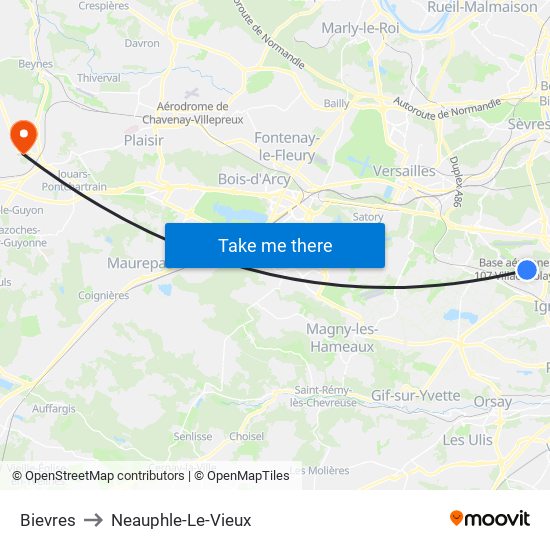 Bievres to Neauphle-Le-Vieux map