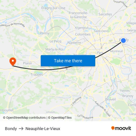 Bondy to Neauphle-Le-Vieux map