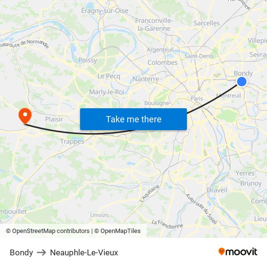 Bondy to Neauphle-Le-Vieux map