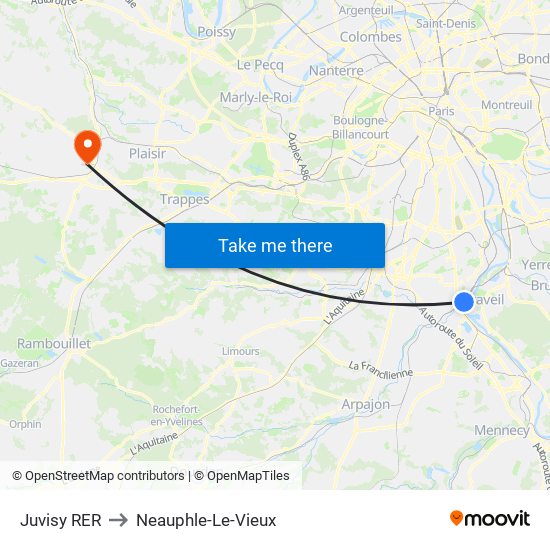 Juvisy RER to Neauphle-Le-Vieux map