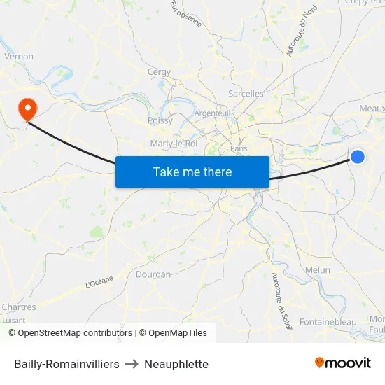 Bailly-Romainvilliers to Neauphlette map