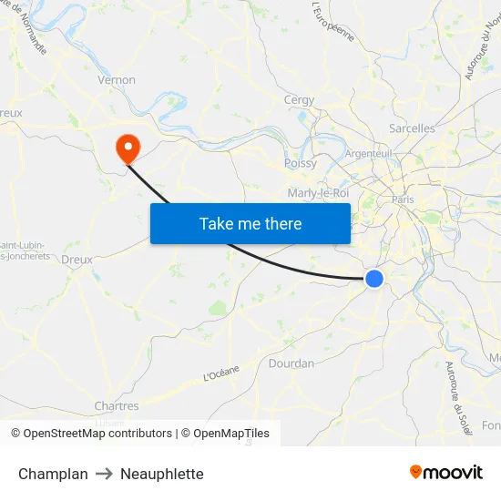 Champlan to Neauphlette map