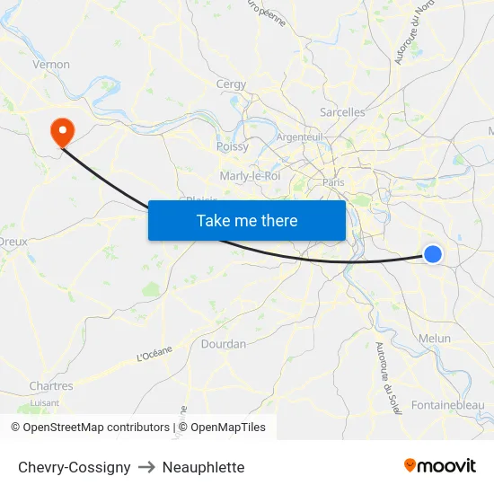Chevry-Cossigny to Neauphlette map