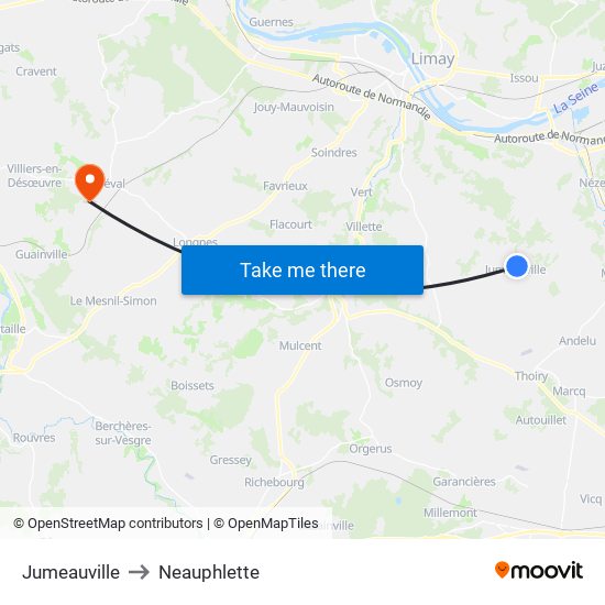 Jumeauville to Neauphlette map