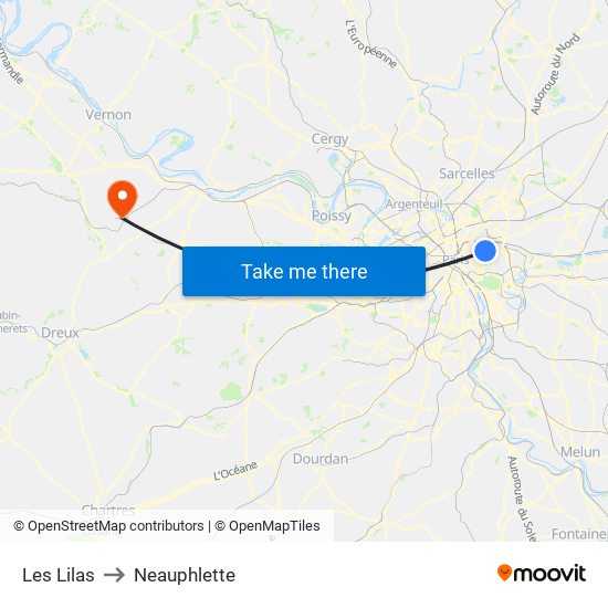Les Lilas to Neauphlette map