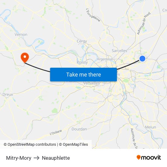 Mitry-Mory to Neauphlette map