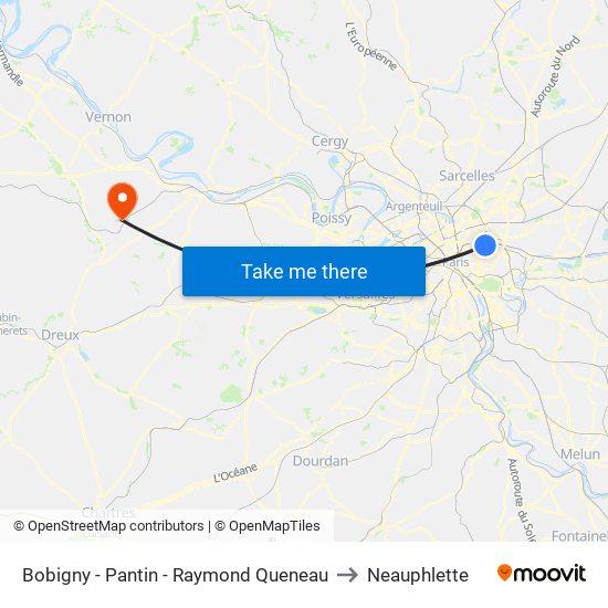 Bobigny - Pantin - Raymond Queneau to Neauphlette map