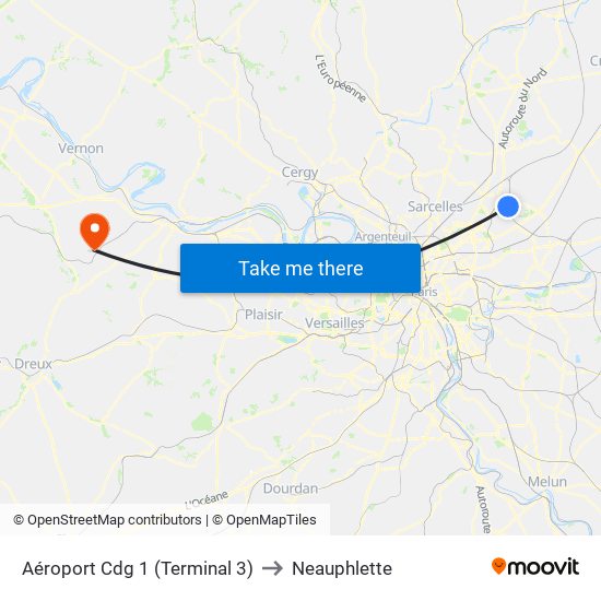 Aéroport Cdg 1 (Terminal 3) to Neauphlette map