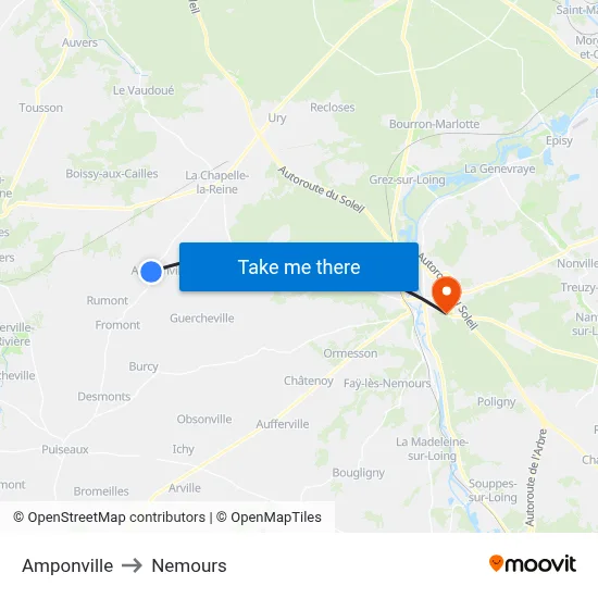 Amponville to Nemours map