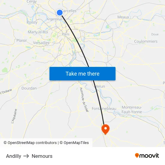 Andilly to Nemours map