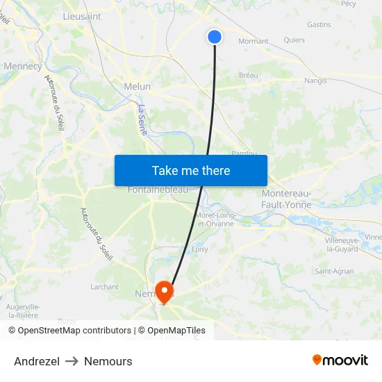 Andrezel to Nemours map