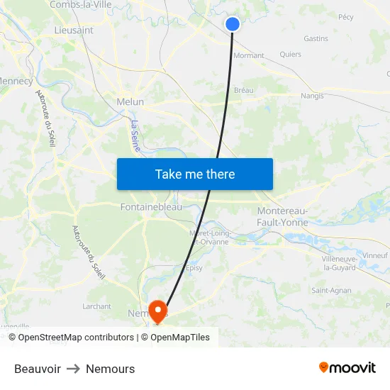Beauvoir to Nemours map