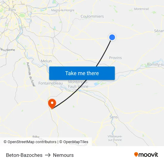 Beton-Bazoches to Nemours map