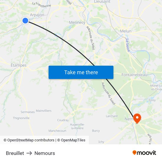 Breuillet to Nemours map