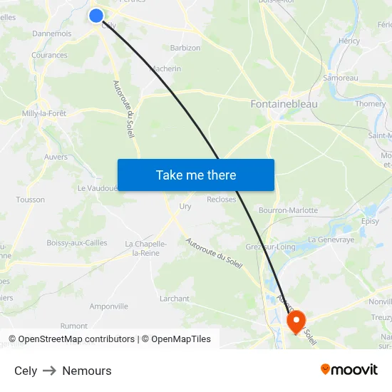 Cely to Nemours map