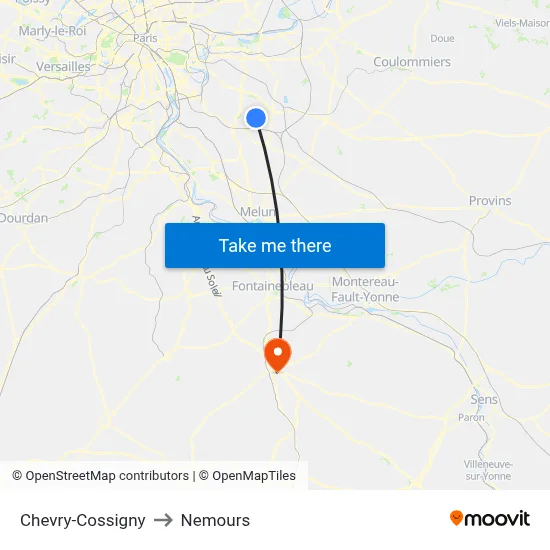 Chevry-Cossigny to Nemours map