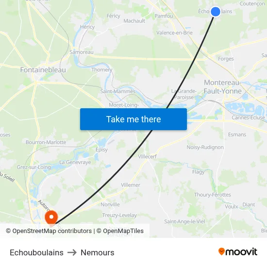 Echouboulains to Nemours map
