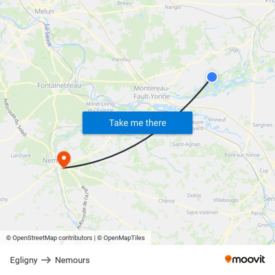 Egligny to Nemours map