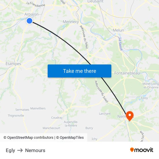 Egly to Nemours map