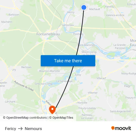 Fericy to Nemours map