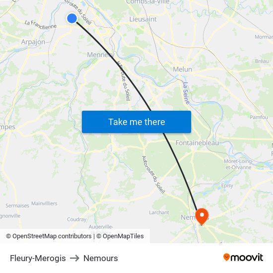 Fleury-Merogis to Nemours map