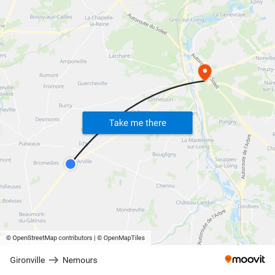 Gironville to Nemours map