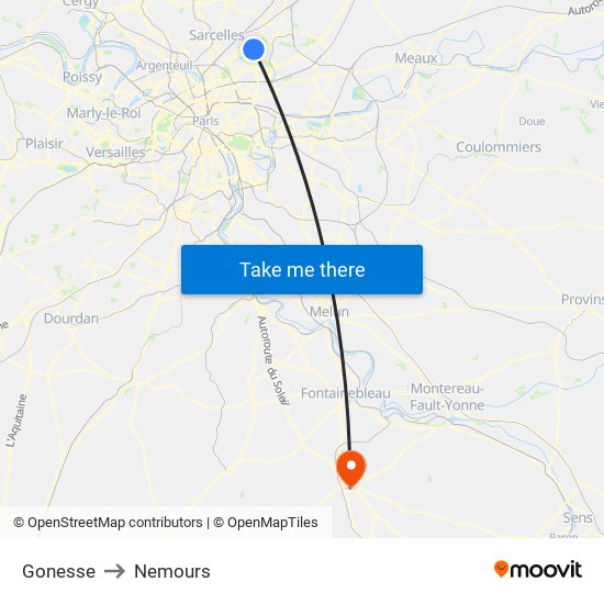 Gonesse to Nemours map
